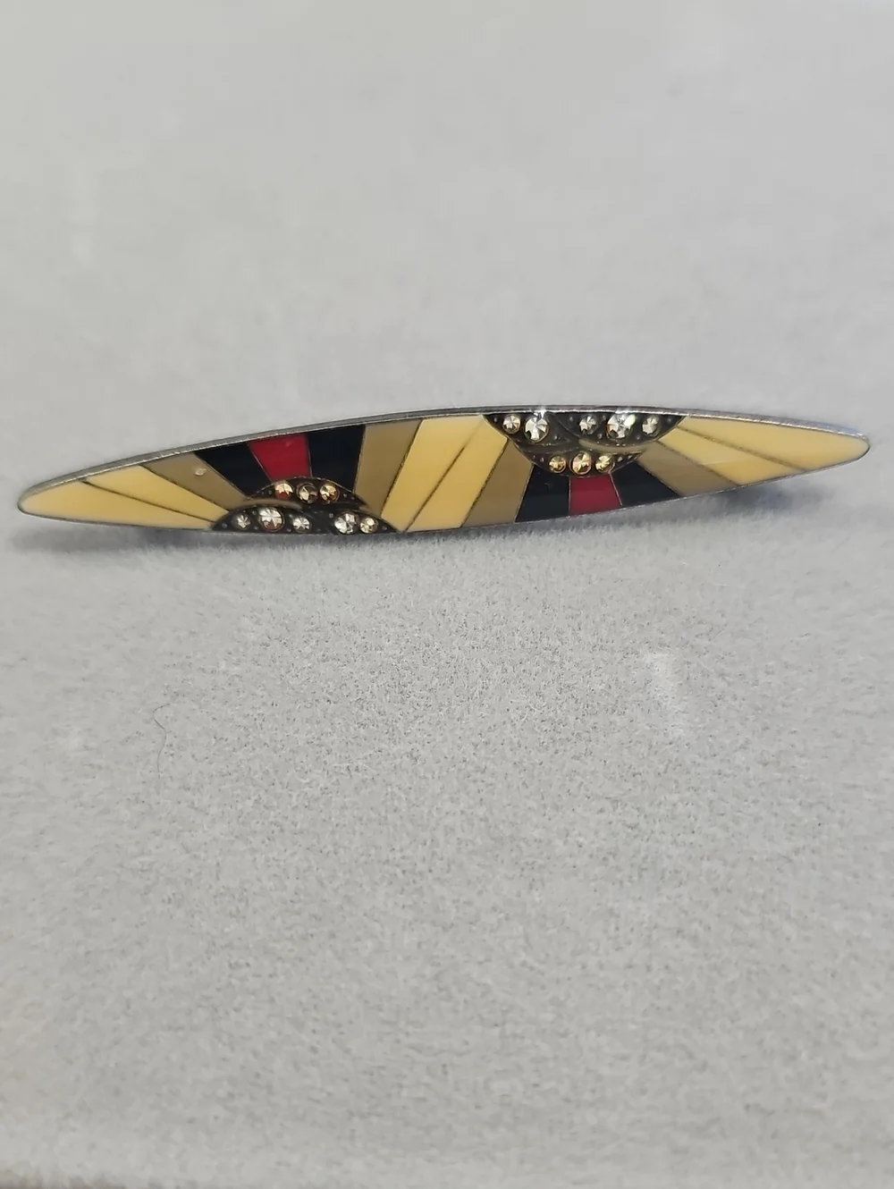 Vintage-Inspired Yellow Enamel Bar Brooch with Accent Crystals